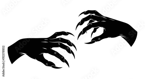Two black silhouette hands with long, sharp, menacing claws reaching out against a white background.