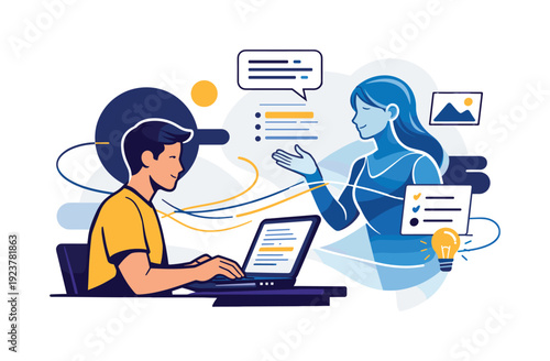 Symbiotic workspace. A person types while an AI hologram suggests text and visual cues,