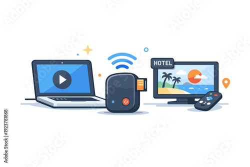 Compact Travel Streamer. Portable streaming device for travel depicted as a compact gadget beside a laptop or hotel TV, conveying flexibility, personal