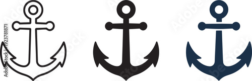 Nautical ship anchor icon set featuring outline silhouette and colored flat vector illustrations