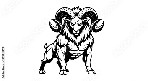 A powerful, muscular ram with large, curled horns stands defiantly, showcasing its strength and imposing presence.