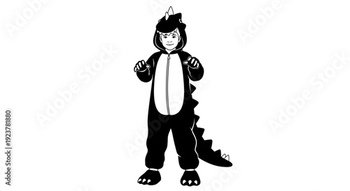 A person dressed in a black dinosaur costume with a white zipper and spikes on its back and tail.