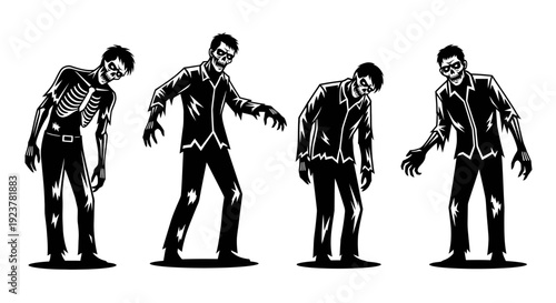 Four black and white illustrations of zombies in various poses, with tattered clothing and skeletal features visible.