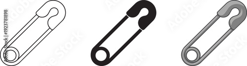 Safety pin icons in outline, black, and silver grey for fastening and securing object symbol representation
