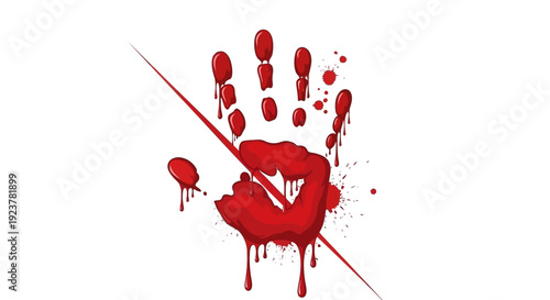 A bloody handprint with a red line crossing through it, symbolizing violence or a warning.