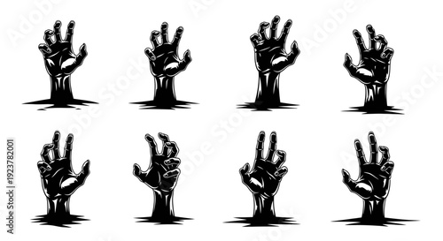 A collection of eight black silhouette illustrations of zombie hands emerging from the ground.
