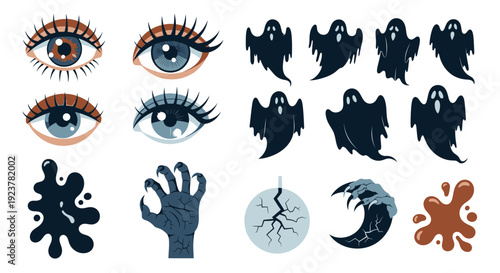 A collection of spooky and eerie Halloween-themed graphic elements including eyes, ghosts, splatters, and a cracked moon.