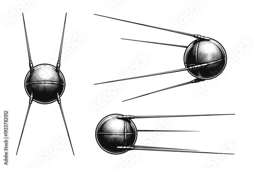 Satellite object vintage early-era satellite with spherical main body, thin antenna rods, and simple structural elements, shown in