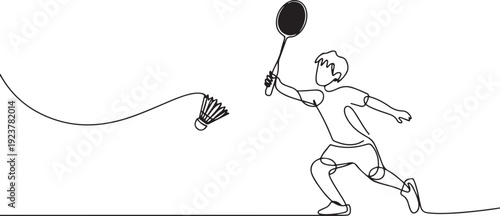 One continuous line drawing of young badminton player ready to hit shuttlecock with racket. Sport concept. Dynamic single line draw design. one line Icon drawing