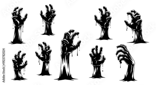 A collection of spooky, dripping zombie hands emerging from the ground, rendered in a black silhouette style.
