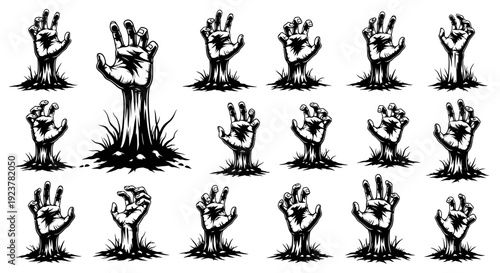 A collection of zombie hands emerging from the ground, depicted in a black and white illustration style.