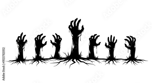 A group of zombie hands emerging from the ground, symbolizing horror and the undead.