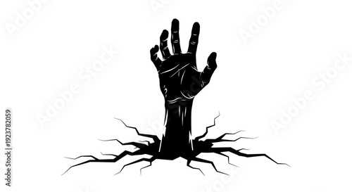 A black silhouette of a hand emerging from cracked ground, symbolizing struggle or emergence.