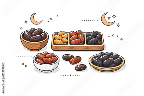 Ramadan date assortment visual. Close-up of sorted dates in small bowls and trays with abstract decorative dots and crescent accents. Calm, neat, and organized