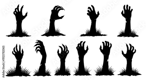 Collection of Silhouetted Zombie Hands Emerging from the Ground with Grass.