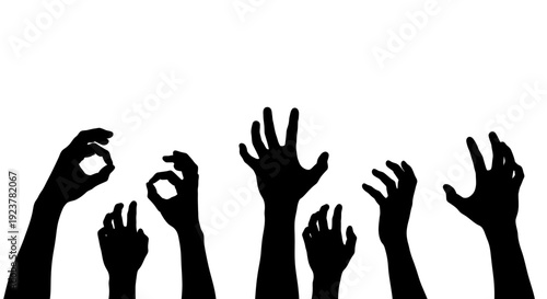Silhouette of multiple hands reaching upwards against a white background, some forming gestures.
