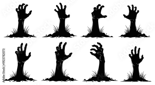 Eight silhouetted zombie hands emerging from the ground, representing a horror or Halloween theme.