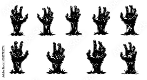 A collection of ten black zombie hands emerging from the ground, depicted in a graphic, stylized manner.