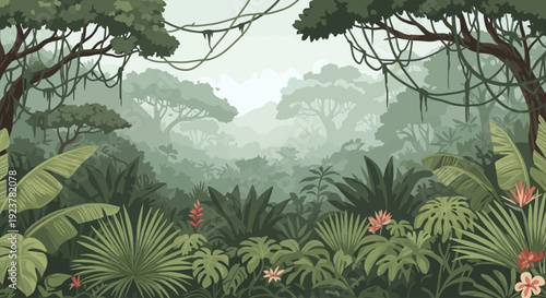 Atmospheric tropical rainforest canopy with layered mist and dense exotic foliage in soft muted green tones