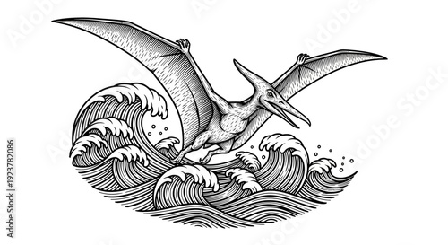A detailed black and white illustration of a Pterodactyl flying over crashing ocean waves, rendered in a vintage woodcut style.