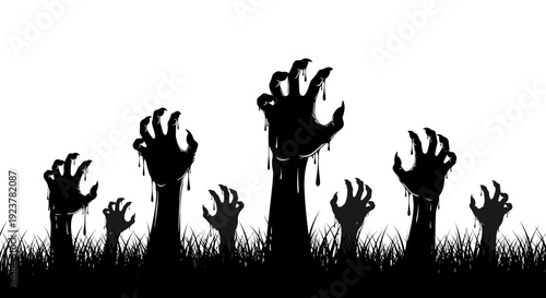 Silhouette of zombie hands emerging from the ground covered in grass.