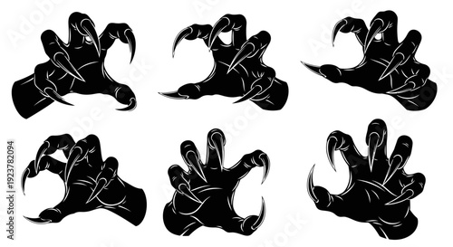 Six black silhouette illustrations of monster or animal claws extended in various menacing poses.