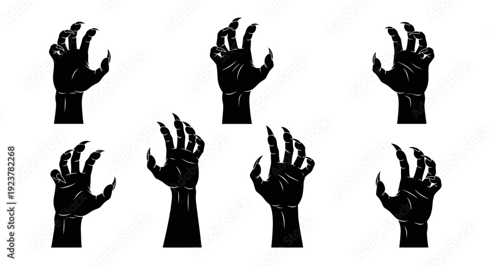 Fototapeta premium Collection of eight black silhouette illustrations of monster or creature hands with sharp claws extended.
