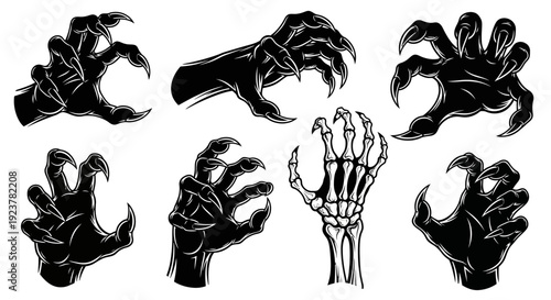 Collection of stylized black monster claws and a skeletal hand reaching out.