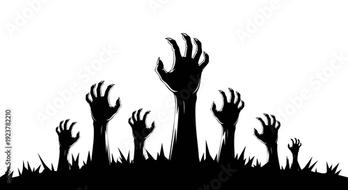 Silhouette of multiple zombie hands emerging from the ground on a white background.