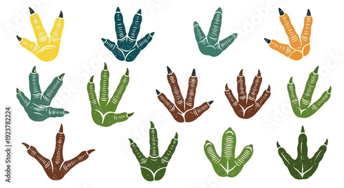 A collection of colorful dinosaur footprints in various shades of green, yellow, orange, and brown, showcasing different claw and toe arrangements.