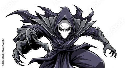 A menacing figure in a dark hooded robe with sharp claws and glowing white eyes, depicted in a cartoonish style.