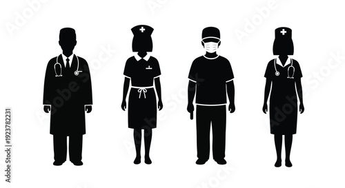 Four healthcare professionals stand in formation a striking silhouette