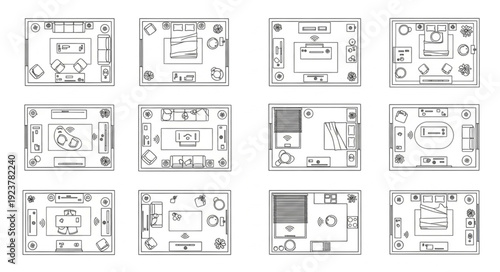 Detailed architectural floor plans showcasing various interior design layouts and room arrangements.