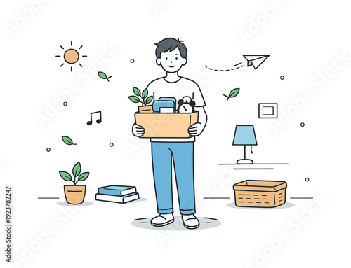 Spring decluttering moments. A person holds a box with a few simple items, standing in a light, open room with extra space around. The scene