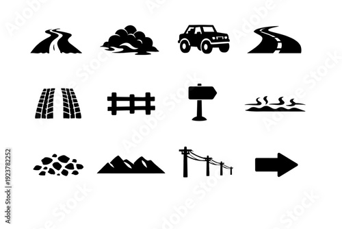Dusty roads. Solid icon set of dusty roads: unpaved road trail, drifting dust cloud, off road vehicle, desert highway curve, tire tracks in dirt, roadside