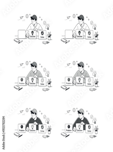 Startup pitch deck visuals. A character arranging cards or slides that represent problem, solution, and value. Thoughtful preparation,