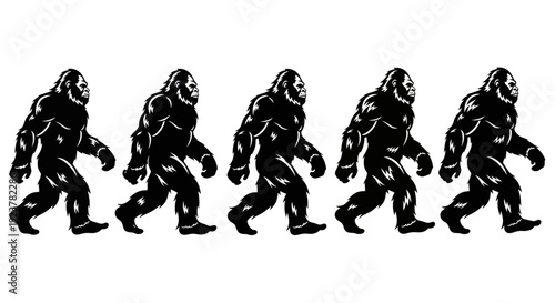 A row of five black silhouettes of Bigfoot walking from left to right against a white background.