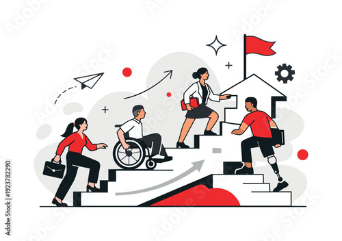 Equal opportunities at work. People of different genders and abilities climbing the same