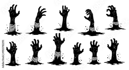 A collection of spooky black and white illustrations of zombie hands emerging from the ground.