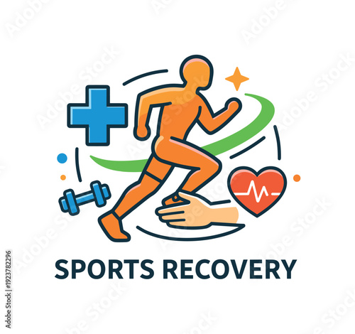 Rehabilitation and physical therapy for athletes minimal sports recovery badge with athlete figure, medical cross and movement icons,