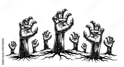 A horde of undead hands clawing their way out of the ground, symbolizing horror and the supernatural.