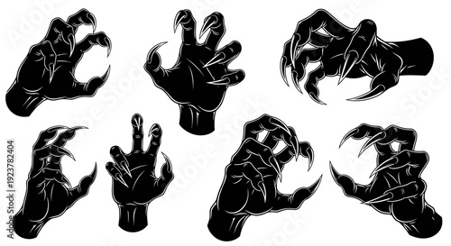 A collection of eight black silhouette illustrations of monstrous hands with sharp claws extended in various grasping poses.