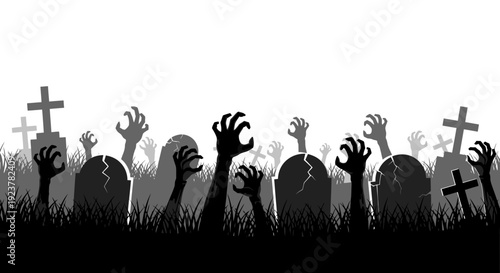A spooky graveyard scene with many zombie hands emerging from the ground, surrounded by tombstones and grass.