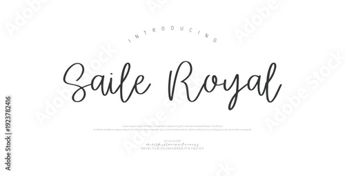 Saile Royal, Script luxury wedding alphabet letters font with tails. Typography elegant classic serif fonts and number decorative vintage retro concept for logo branding. vector illustration
