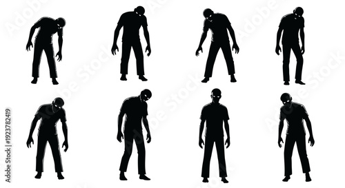 A collection of eight silhouette illustrations of zombies in various poses, depicting their characteristic shambling gait and hunched posture.