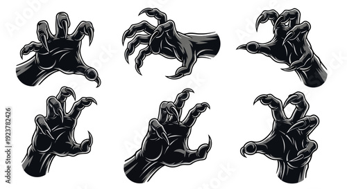Collection of six menacing black monster claws reaching out in various poses.