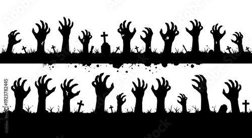 Silhouette of numerous zombie hands emerging from the ground with gravestones and grass, creating a spooky Halloween scene.