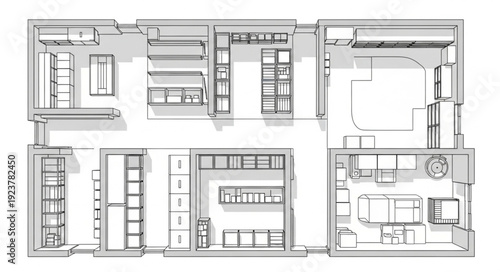 Architectural blueprint of a modern house with detailed room layouts and design elements.