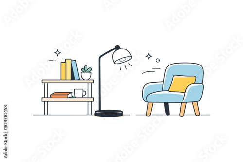 Minimalist reading lamp design. A sleek table lamp beside a chair and small shelf, modern interior detail emphasizing simplicity