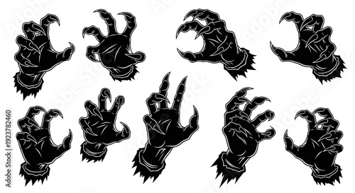 Collection of ten black silhouette illustrations of monster hands with sharp claws and spiky wristbands, displayed against a white background.